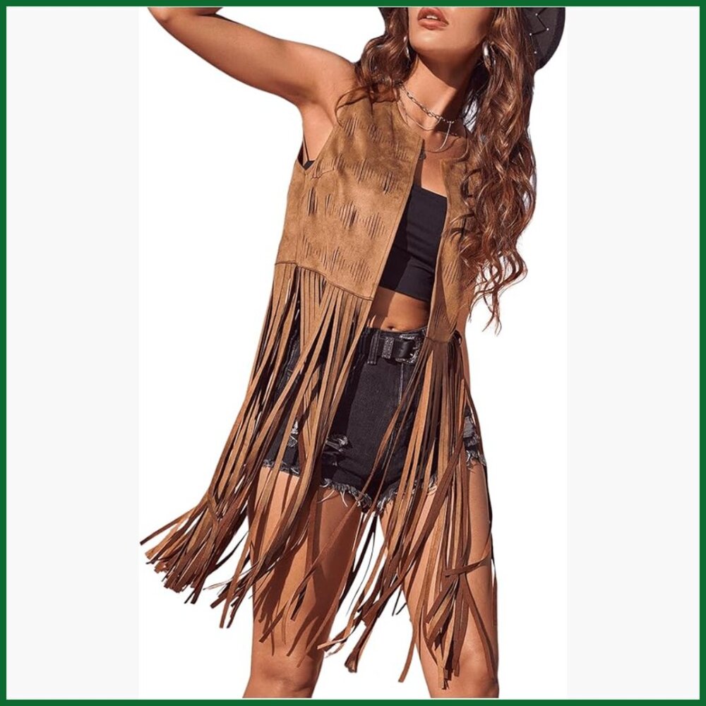 Faux Suede Trim Fringe Vest Sleeveless Western Tassel Jacket Cardigan